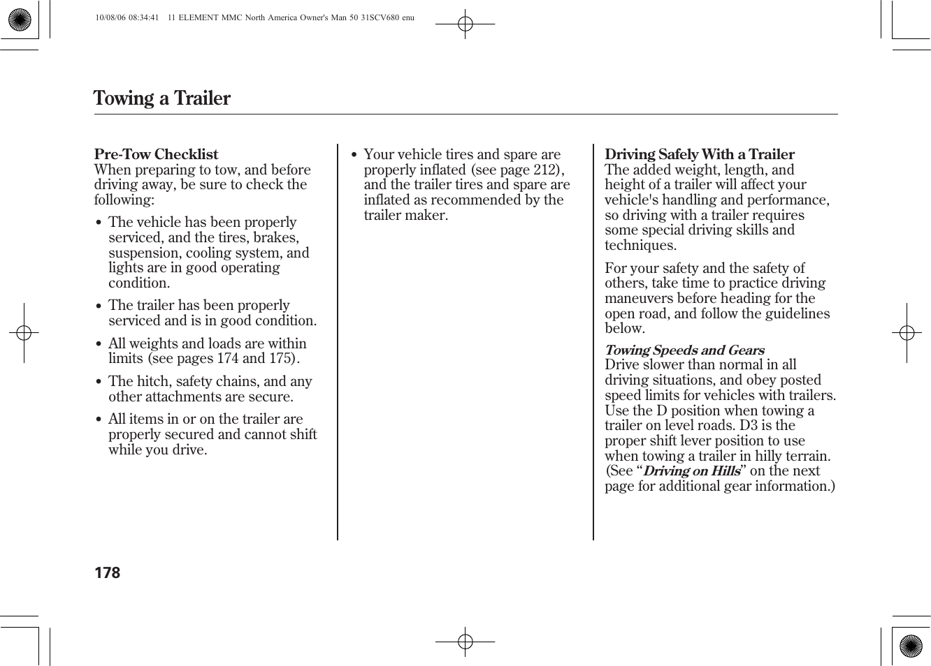Towing a trailer | HONDA 2011 Element User Manual | Page 184 / 286