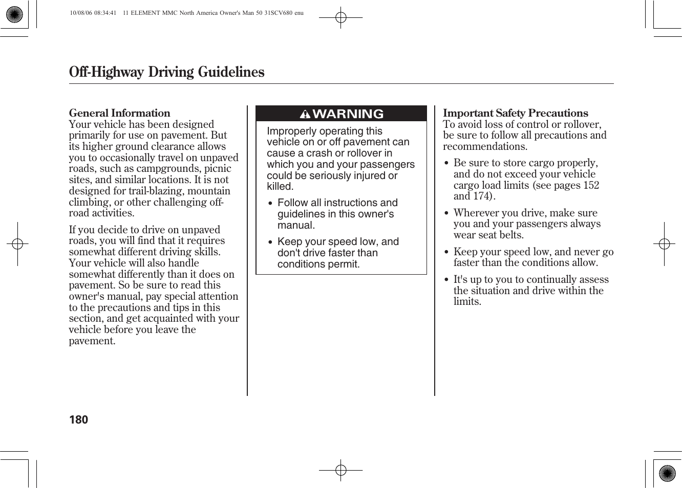 Off-highway driving guidelines | HONDA 2011 Element User Manual | Page 186 / 286
