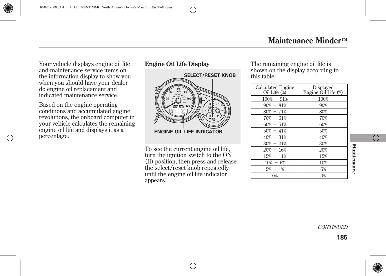 Maintenance minder | HONDA 2011 Element User Manual | Page 191 / 286