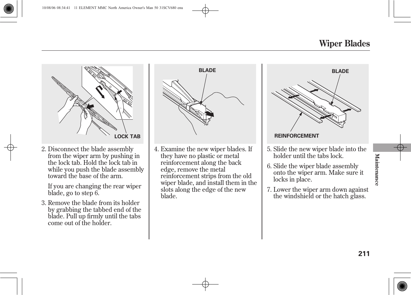 Wiper blades | HONDA 2011 Element User Manual | Page 217 / 286