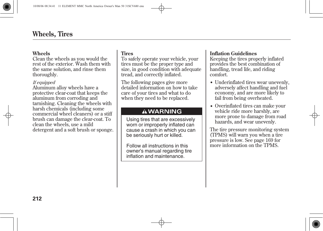 Wheels, tires | HONDA 2011 Element User Manual | Page 218 / 286
