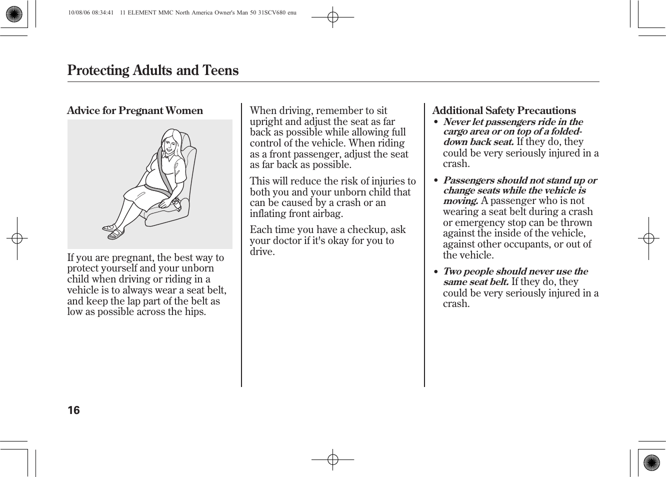 Protecting adults and teens | HONDA 2011 Element User Manual | Page 22 / 286
