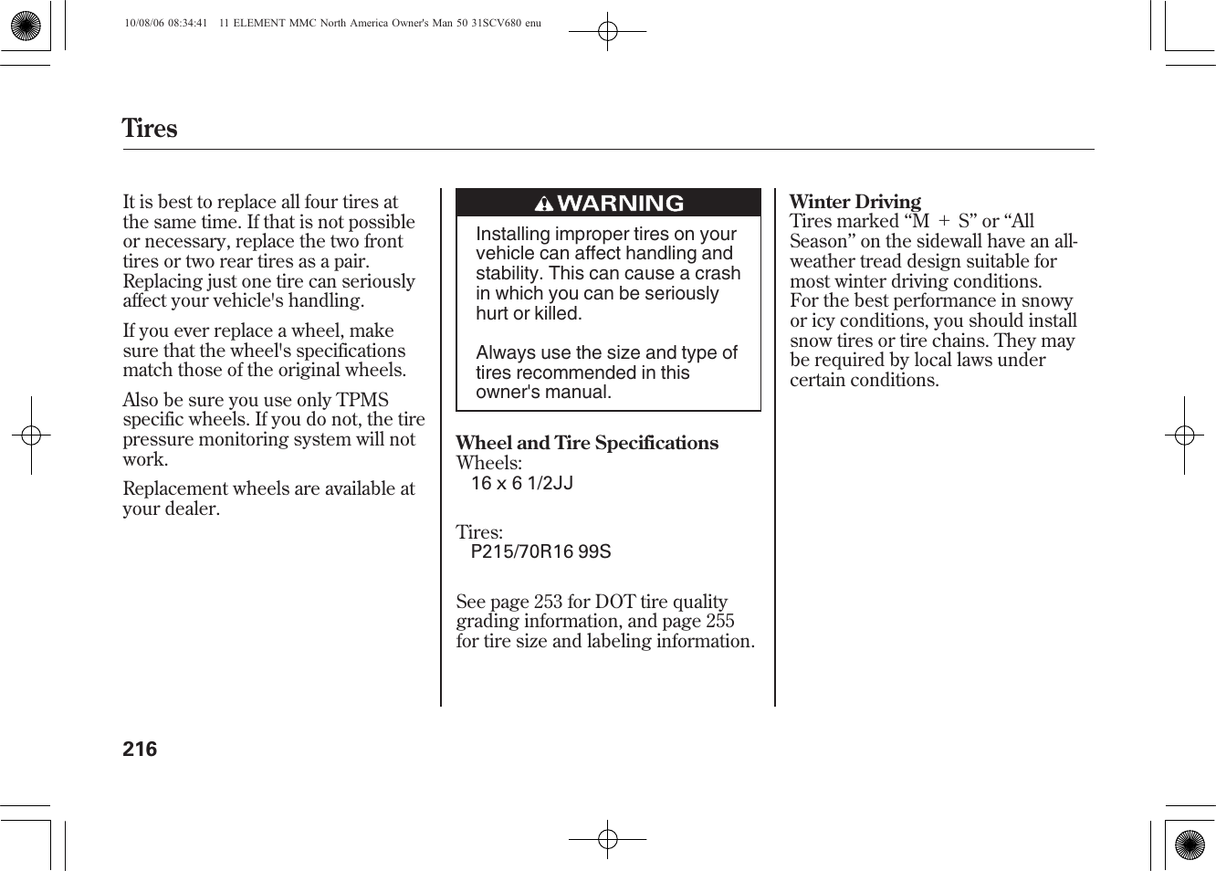 Tires | HONDA 2011 Element User Manual | Page 222 / 286