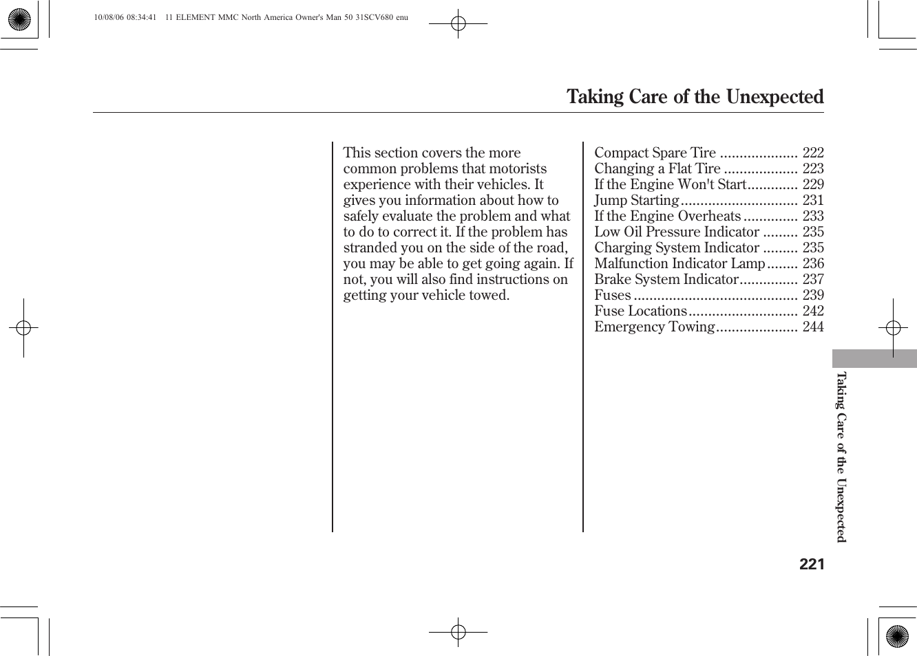 Taking care of the unexpected | HONDA 2011 Element User Manual | Page 227 / 286