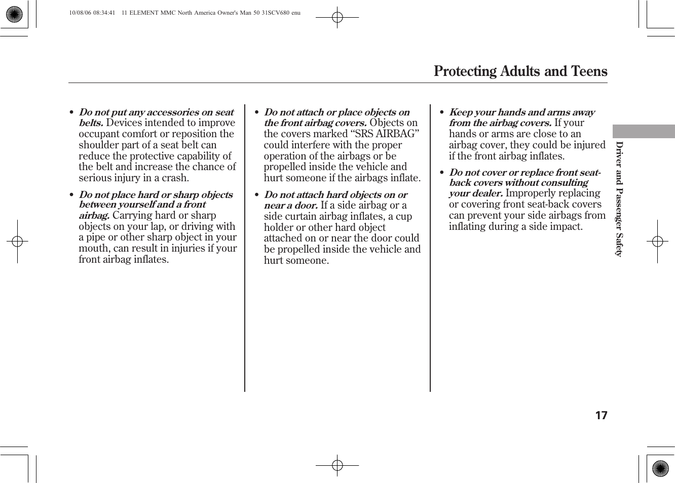 Protecting adults and teens | HONDA 2011 Element User Manual | Page 23 / 286