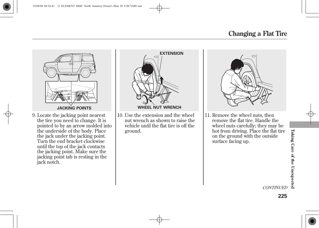 Changing a flat tire | HONDA 2011 Element User Manual | Page 231 / 286