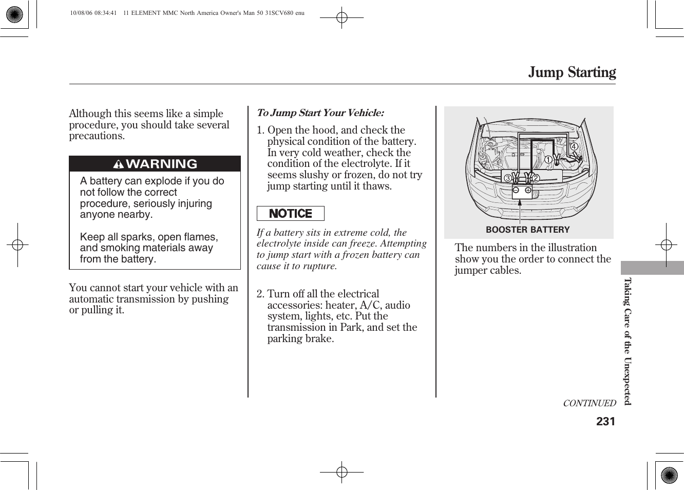 Jump starting | HONDA 2011 Element User Manual | Page 237 / 286