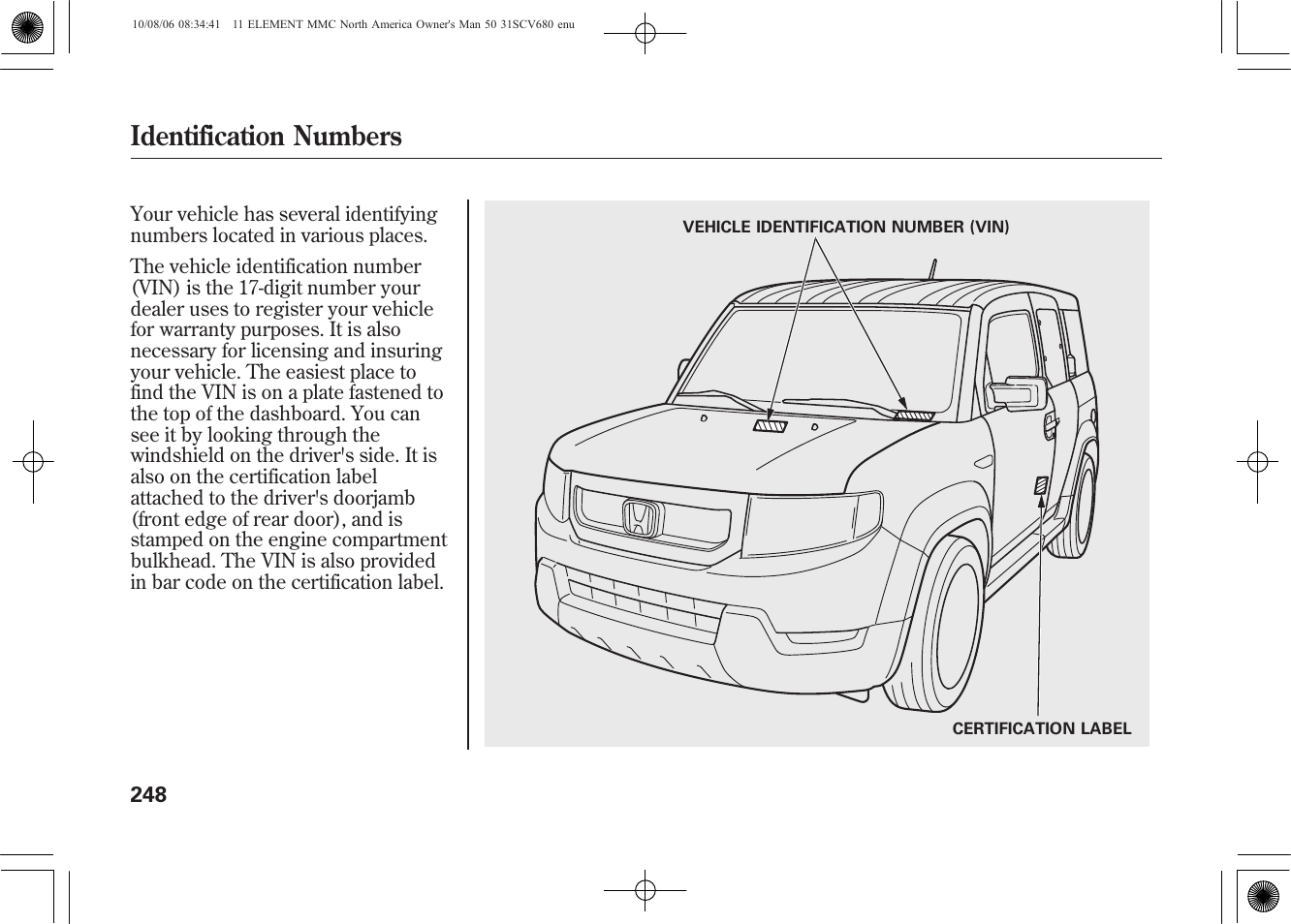 Identification numbers | HONDA 2011 Element User Manual | Page 254 / 286