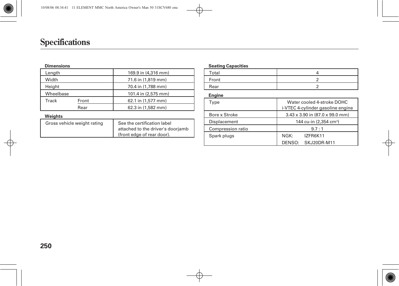 Specifications | HONDA 2011 Element User Manual | Page 256 / 286