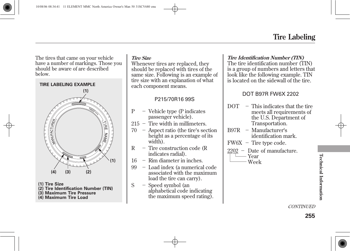 Tire labeling | HONDA 2011 Element User Manual | Page 261 / 286