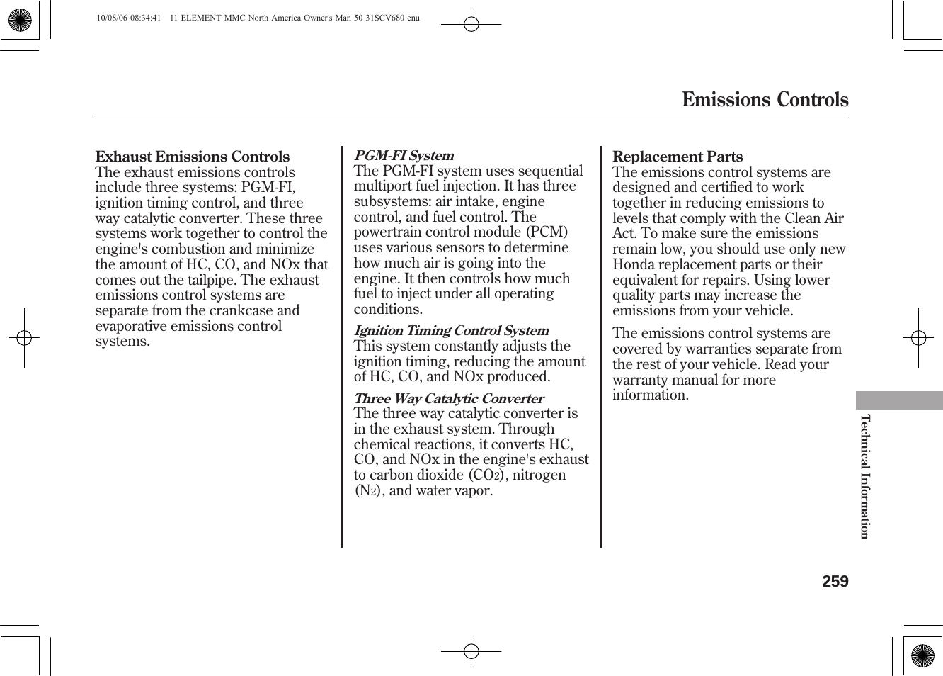 Emissions controls | HONDA 2011 Element User Manual | Page 265 / 286
