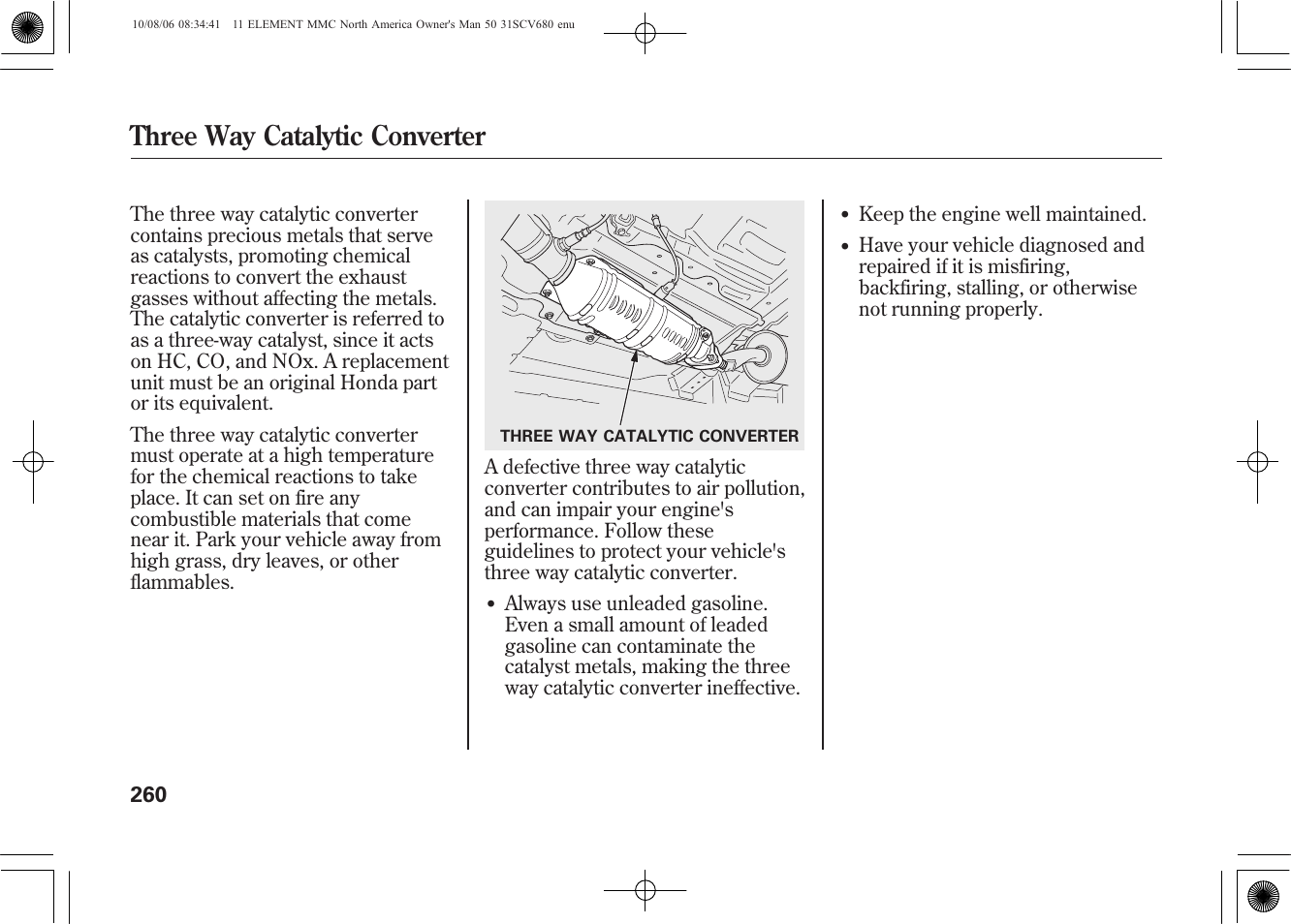 Three way catalytic converter | HONDA 2011 Element User Manual | Page 266 / 286