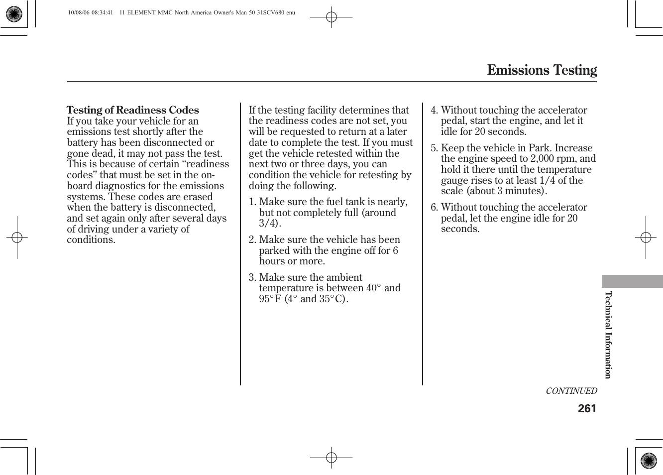 Emissions testing | HONDA 2011 Element User Manual | Page 267 / 286
