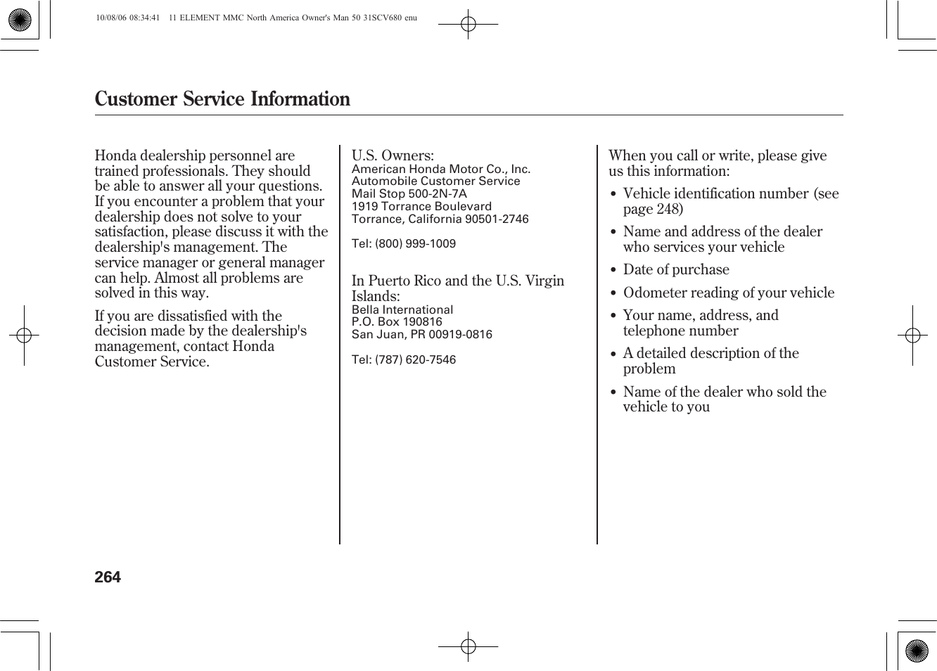 Customer service information | HONDA 2011 Element User Manual | Page 270 / 286