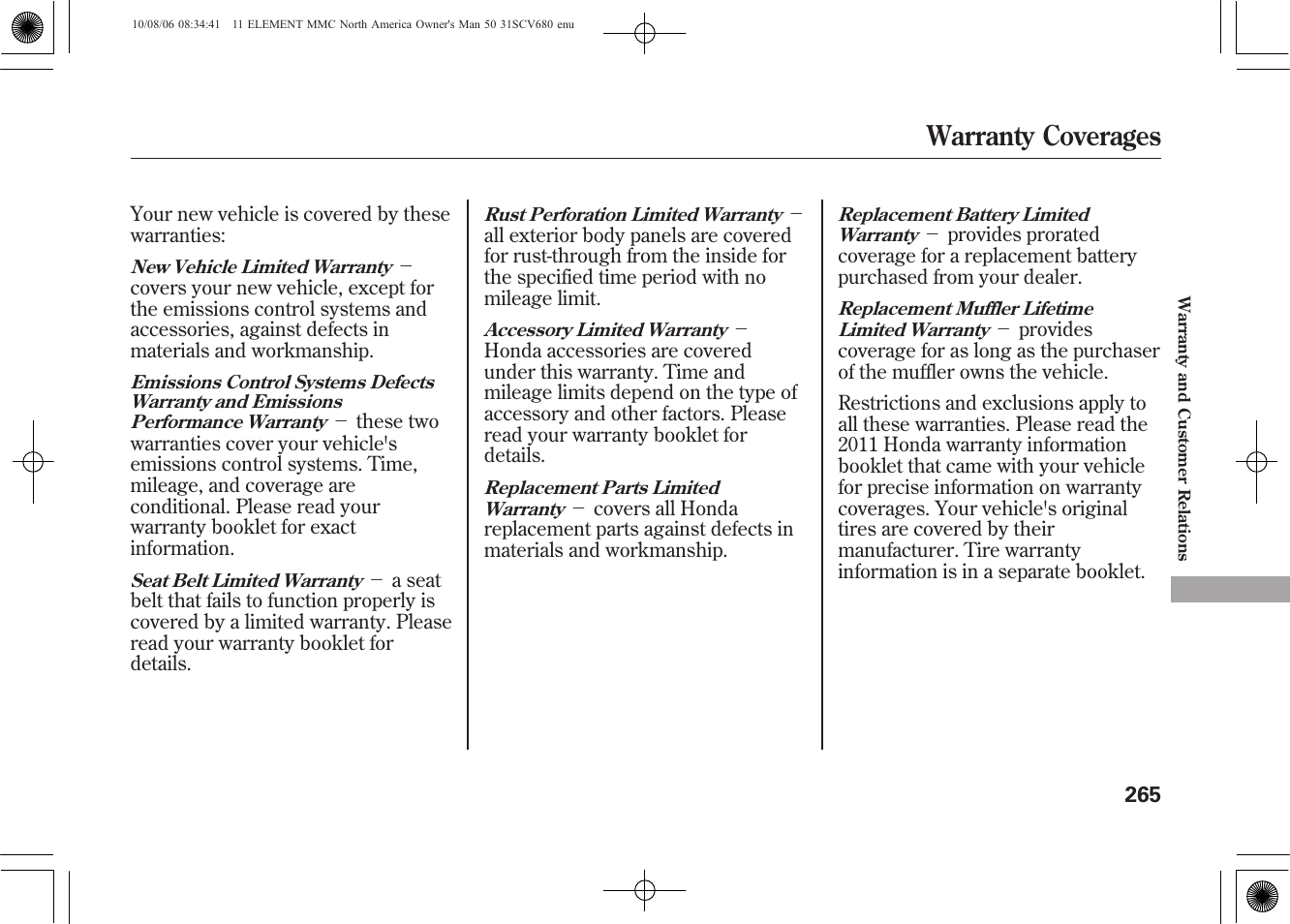Warranty coverages | HONDA 2011 Element User Manual | Page 271 / 286