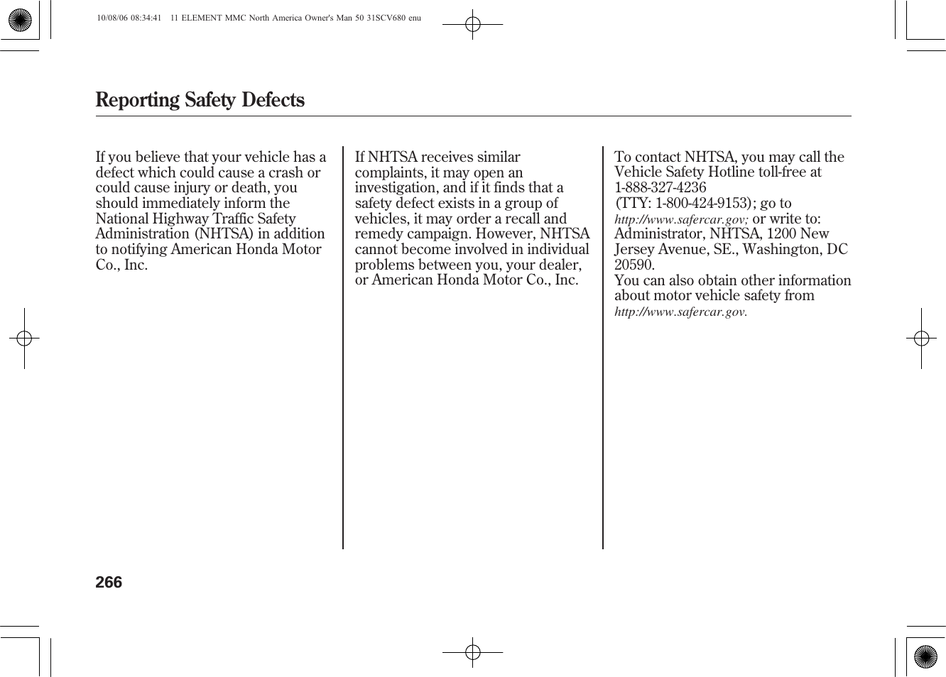 Reporting safety defects | HONDA 2011 Element User Manual | Page 272 / 286