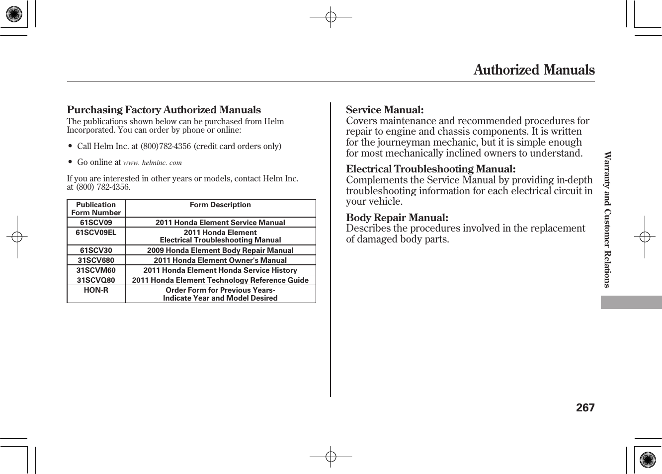 Authorized manuals | HONDA 2011 Element User Manual | Page 273 / 286