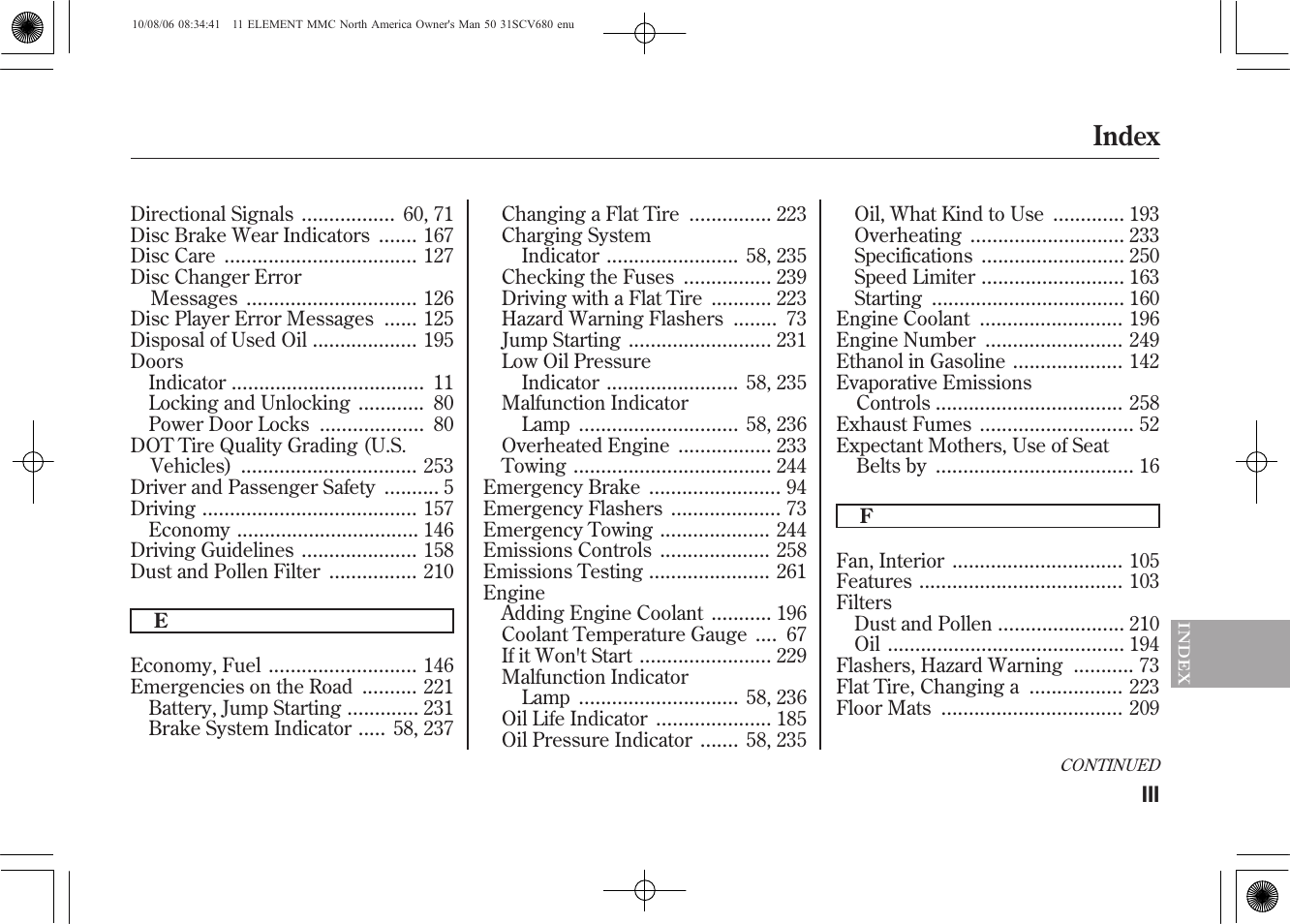 Index | HONDA 2011 Element User Manual | Page 277 / 286