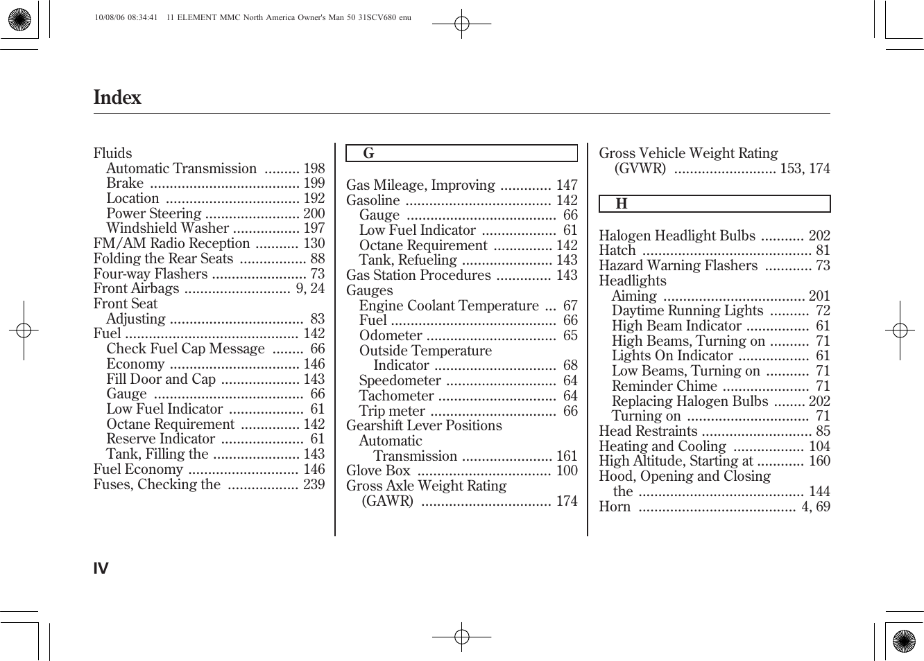 Index | HONDA 2011 Element User Manual | Page 278 / 286