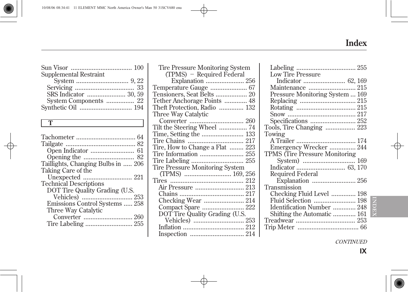 Index | HONDA 2011 Element User Manual | Page 283 / 286