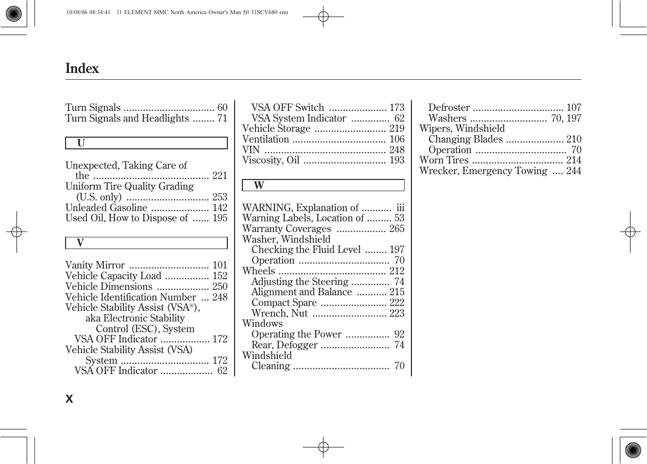 Index | HONDA 2011 Element User Manual | Page 284 / 286