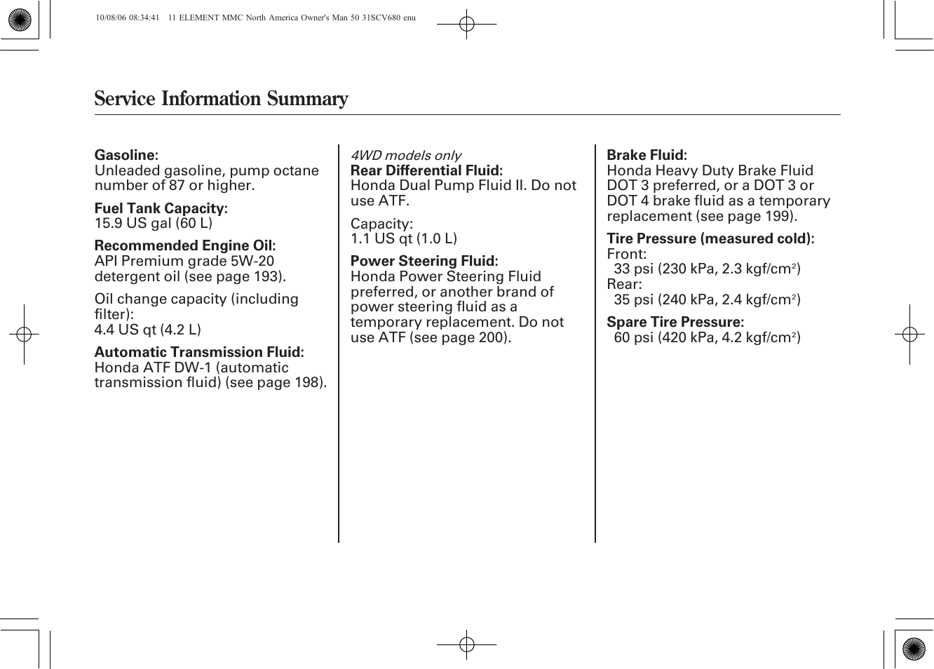 Service information summary | HONDA 2011 Element User Manual | Page 286 / 286