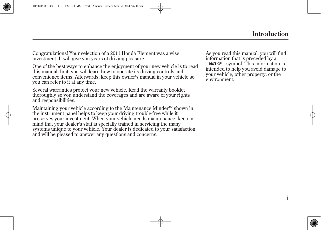 Introduction | HONDA 2011 Element User Manual | Page 3 / 286
