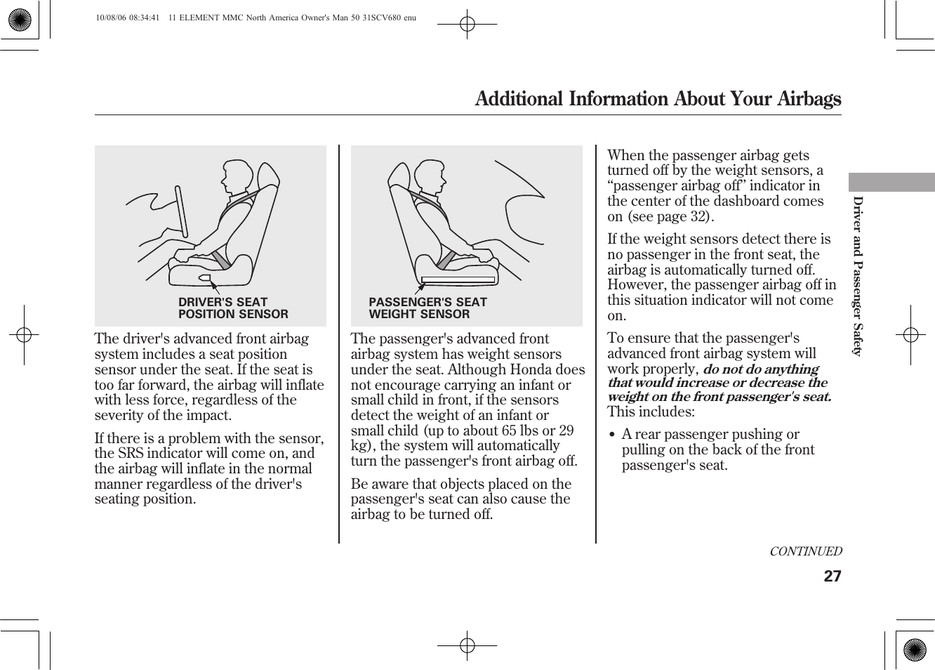 Additional information about your airbags | HONDA 2011 Element User Manual | Page 33 / 286