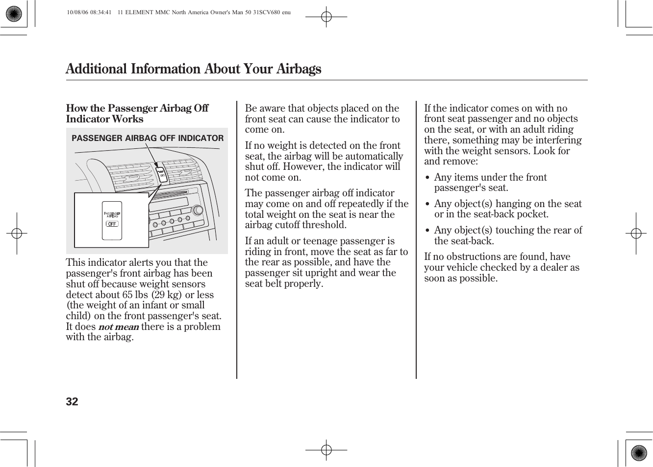 Additional information about your airbags | HONDA 2011 Element User Manual | Page 38 / 286