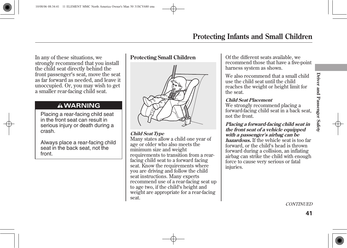 Protecting infants and small children | HONDA 2011 Element User Manual | Page 47 / 286