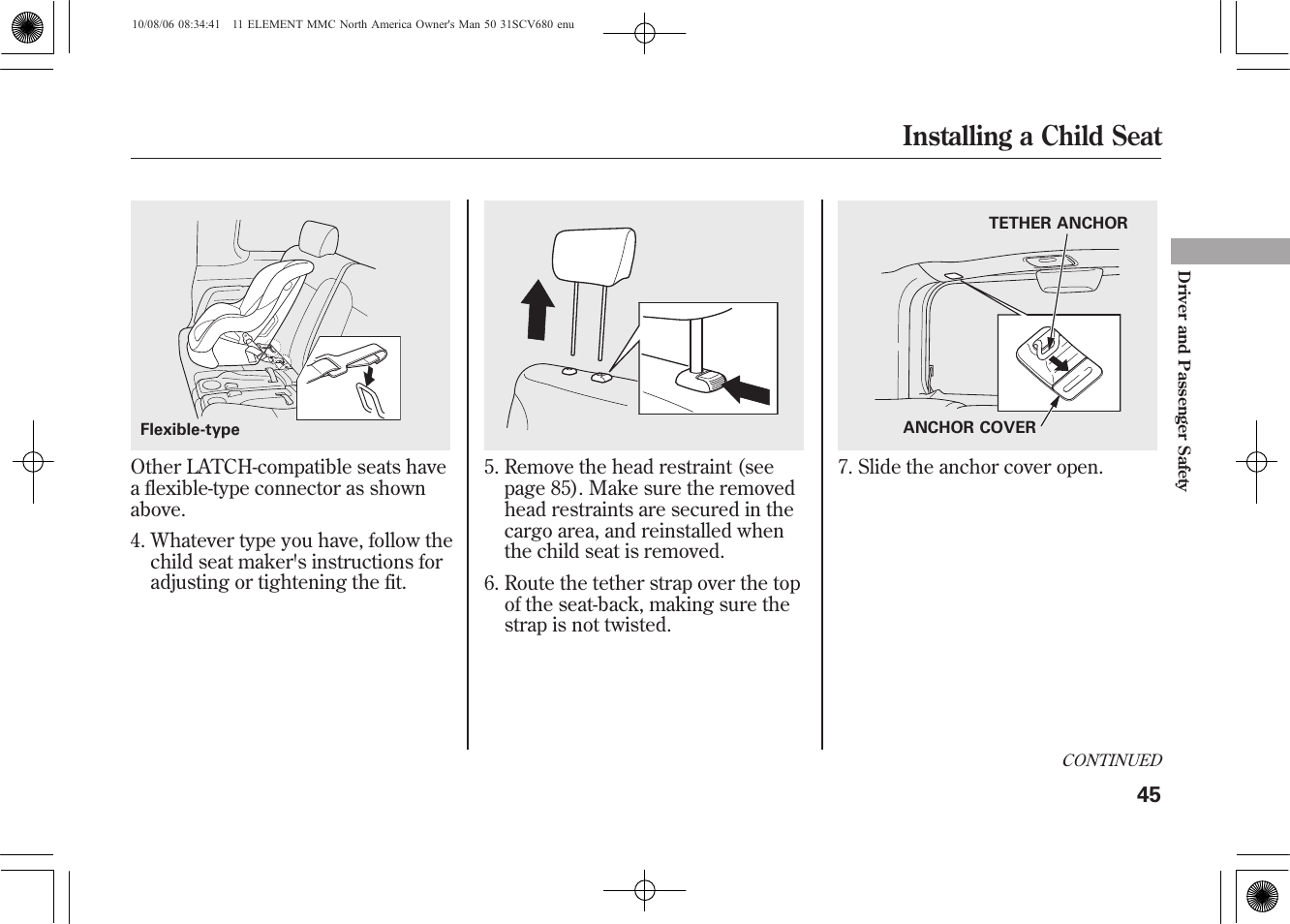 Installing a child seat | HONDA 2011 Element User Manual | Page 51 / 286