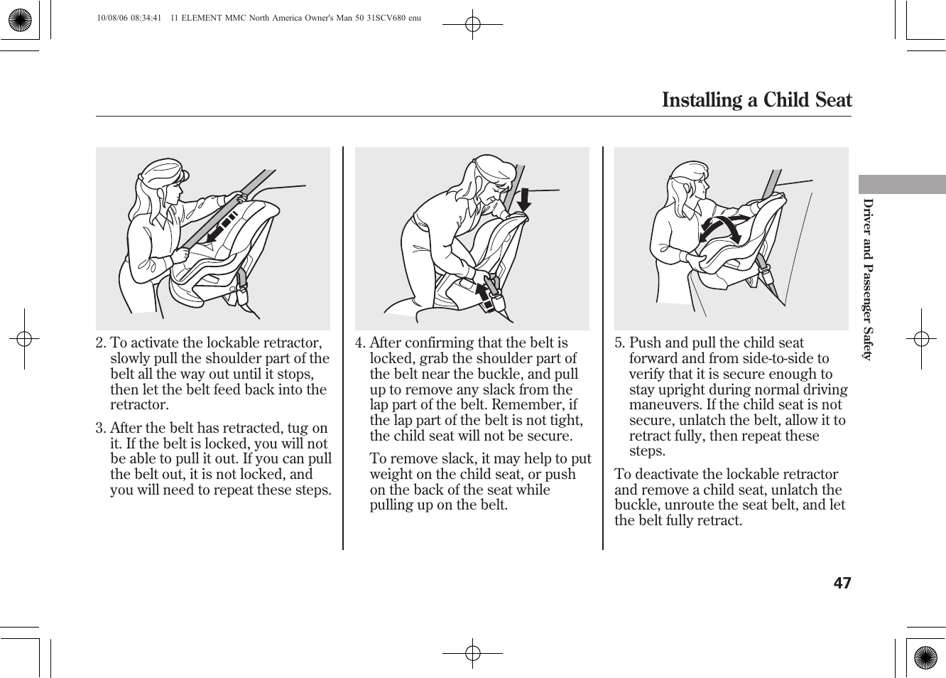 Installing a child seat | HONDA 2011 Element User Manual | Page 53 / 286