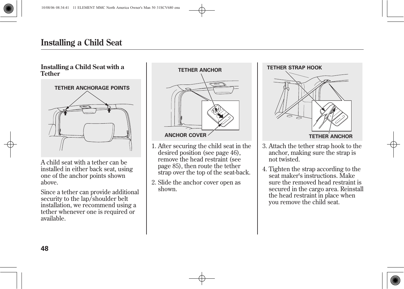 Installing a child seat | HONDA 2011 Element User Manual | Page 54 / 286