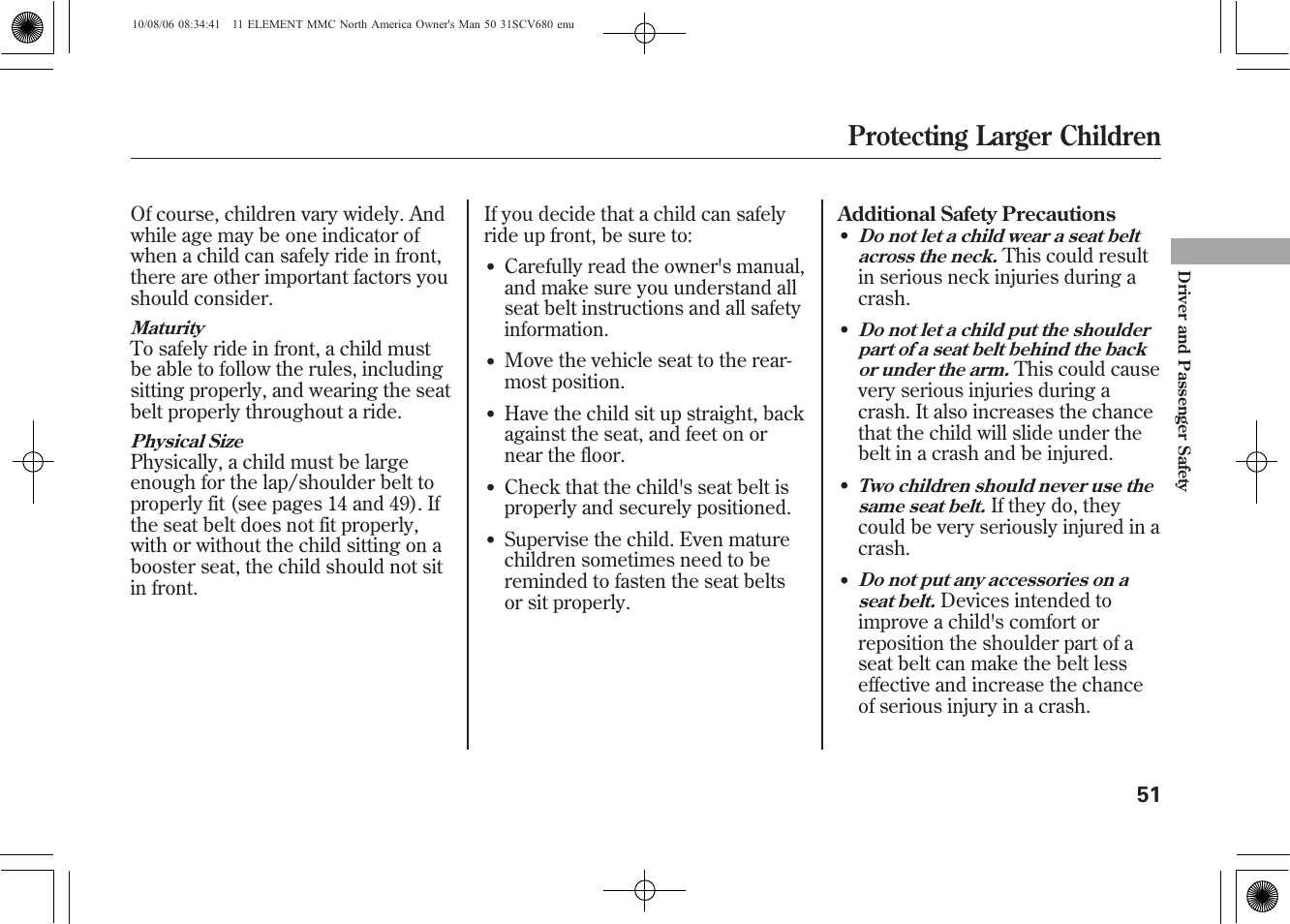 Protecting larger children | HONDA 2011 Element User Manual | Page 57 / 286