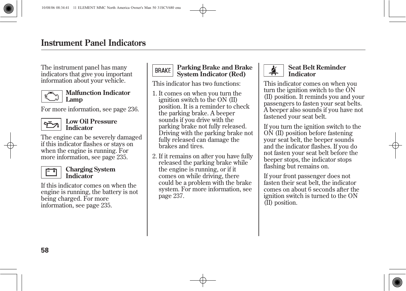 Instrument panel indicators | HONDA 2011 Element User Manual | Page 64 / 286