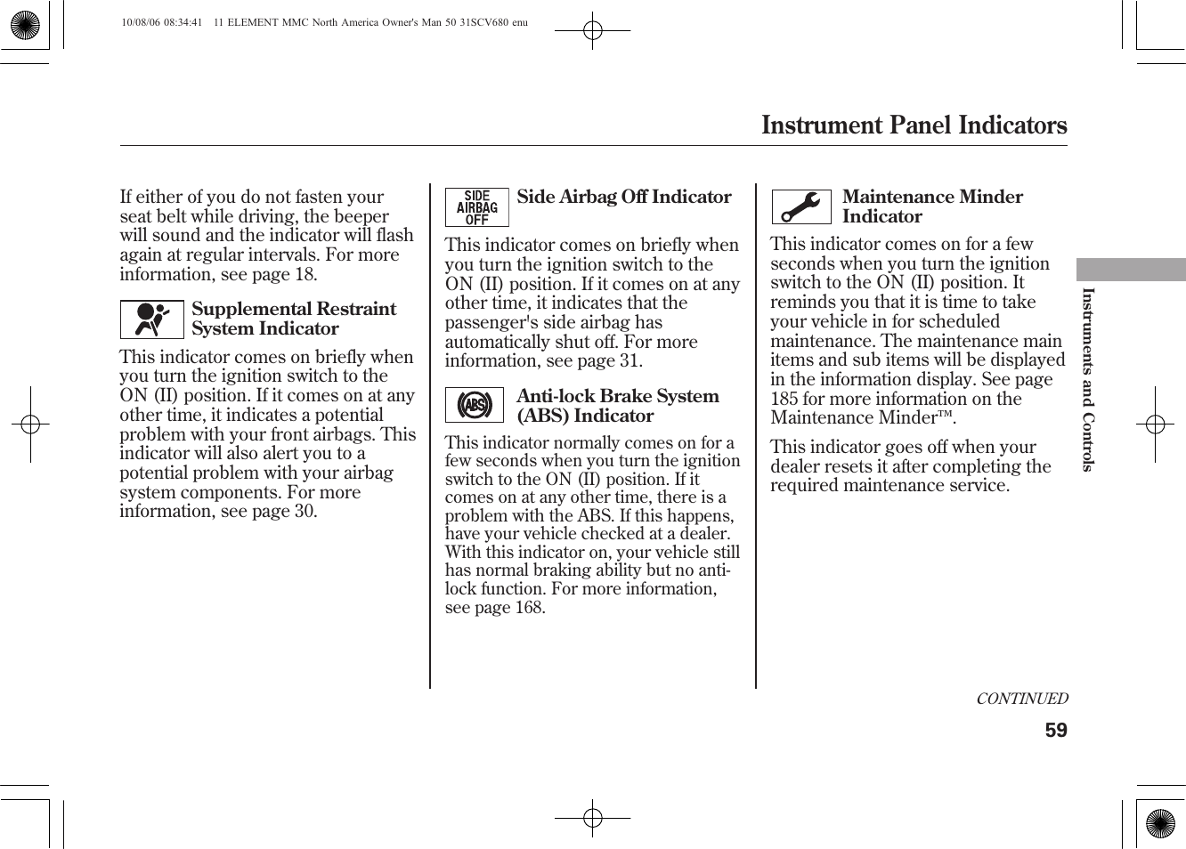 Instrument panel indicators | HONDA 2011 Element User Manual | Page 65 / 286
