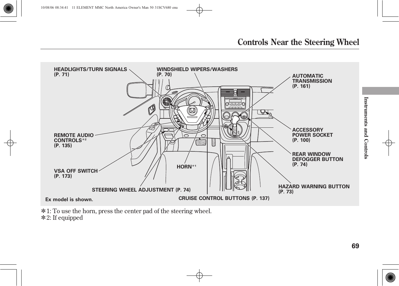 Controls near the steering wheel | HONDA 2011 Element User Manual | Page 75 / 286