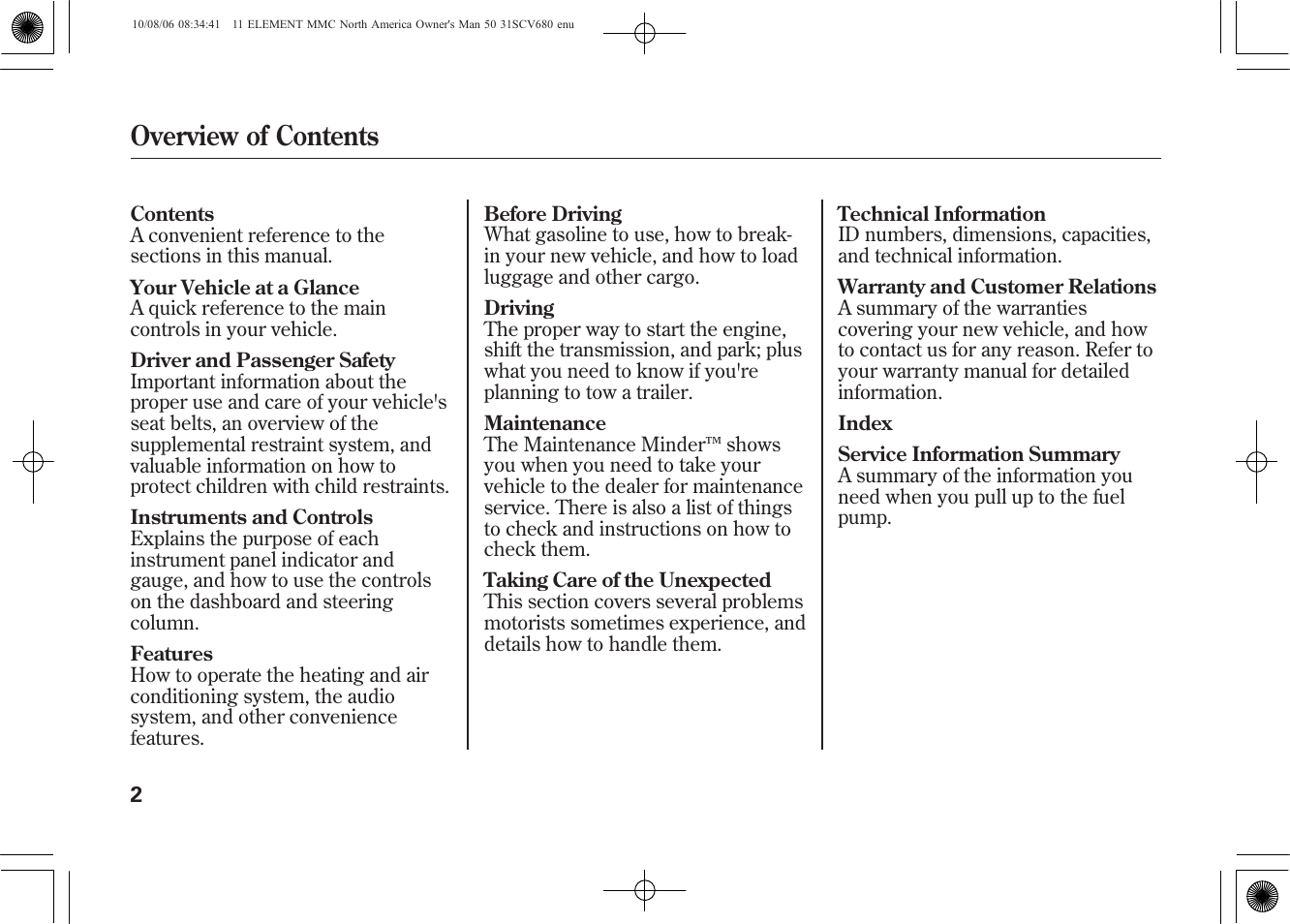 Overview of contents | HONDA 2011 Element User Manual | Page 8 / 286