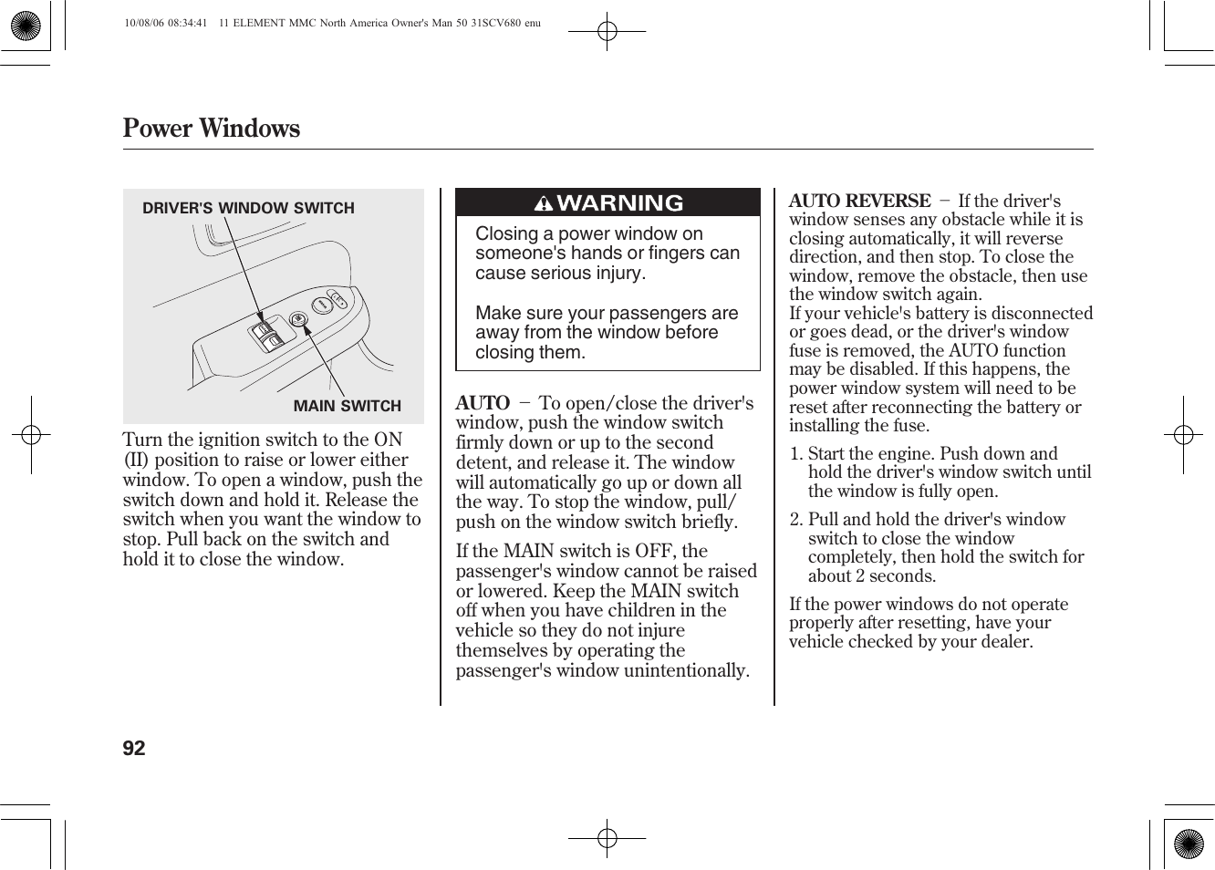 Power windows | HONDA 2011 Element User Manual | Page 98 / 286