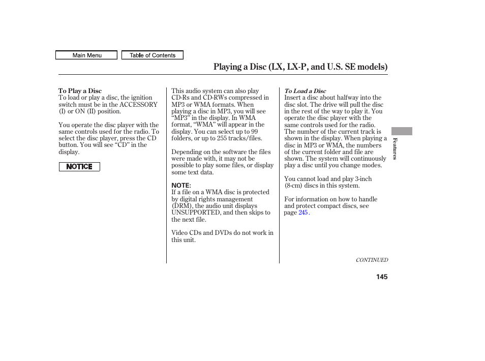 Playing a disc (lx, lx-p, and u.s. se models) | HONDA 2011 Accord Sedan User Manual | Page 148 / 454