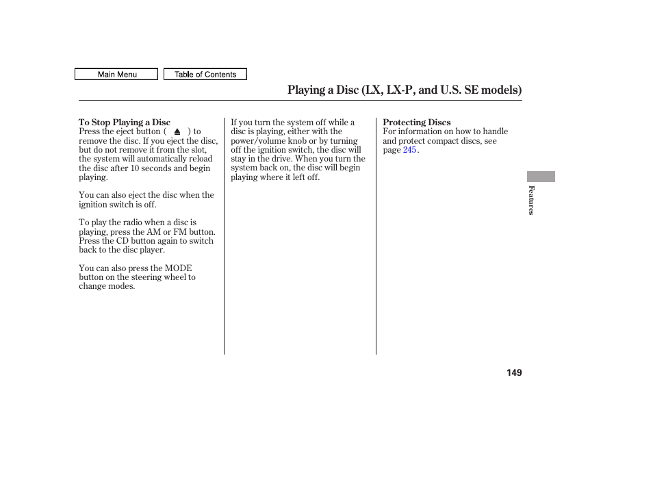 Playing a disc (lx, lx-p, and u.s. se models) | HONDA 2011 Accord Sedan User Manual | Page 152 / 454