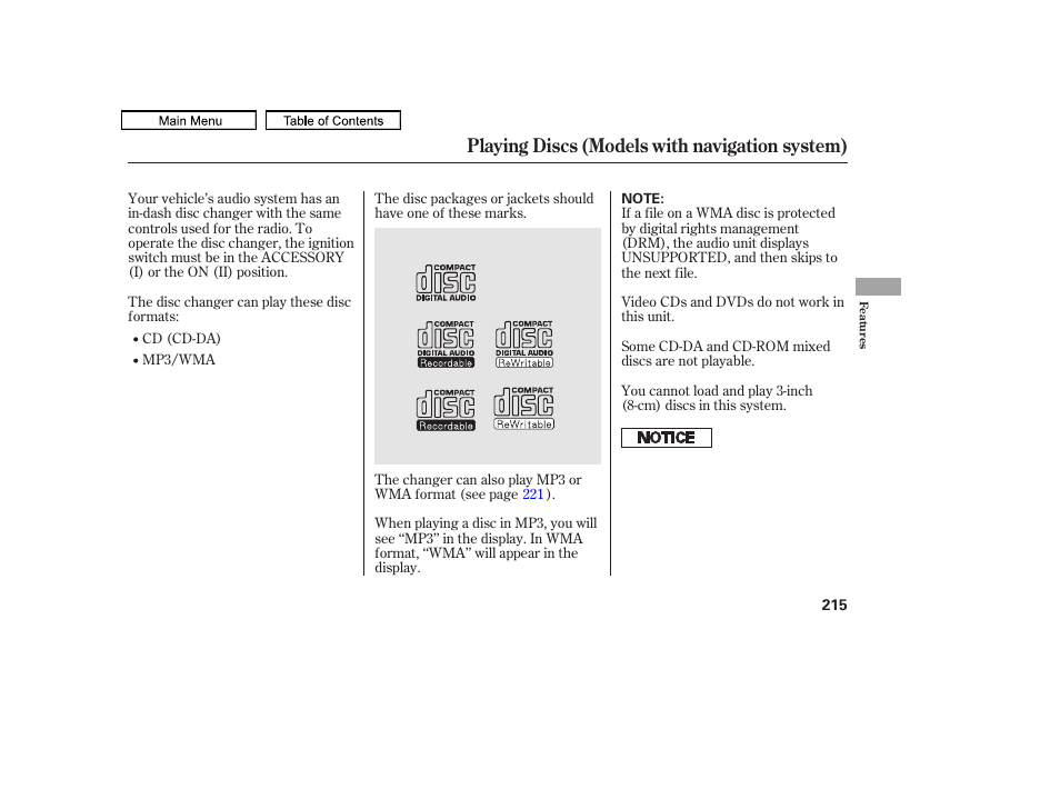 Playing discs (models with navigation system) | HONDA 2011 Accord Sedan User Manual | Page 218 / 454