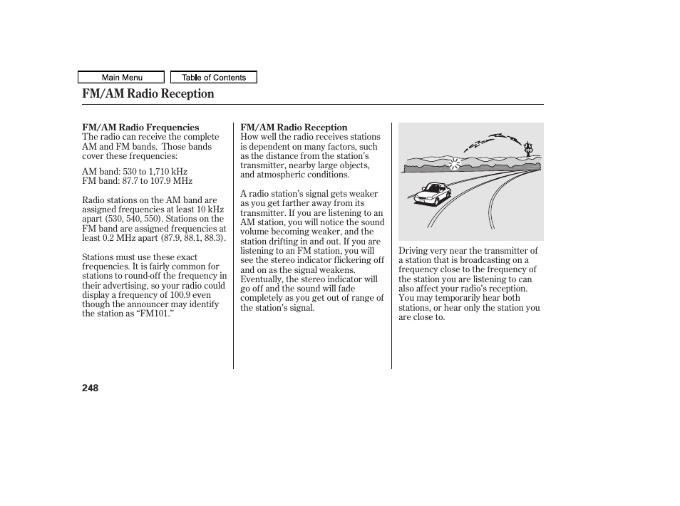 Fm/am radio reception | HONDA 2011 Accord Sedan User Manual | Page 251 / 454