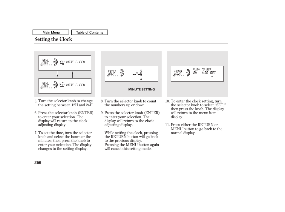 Setting the clock | HONDA 2011 Accord Sedan User Manual | Page 259 / 454