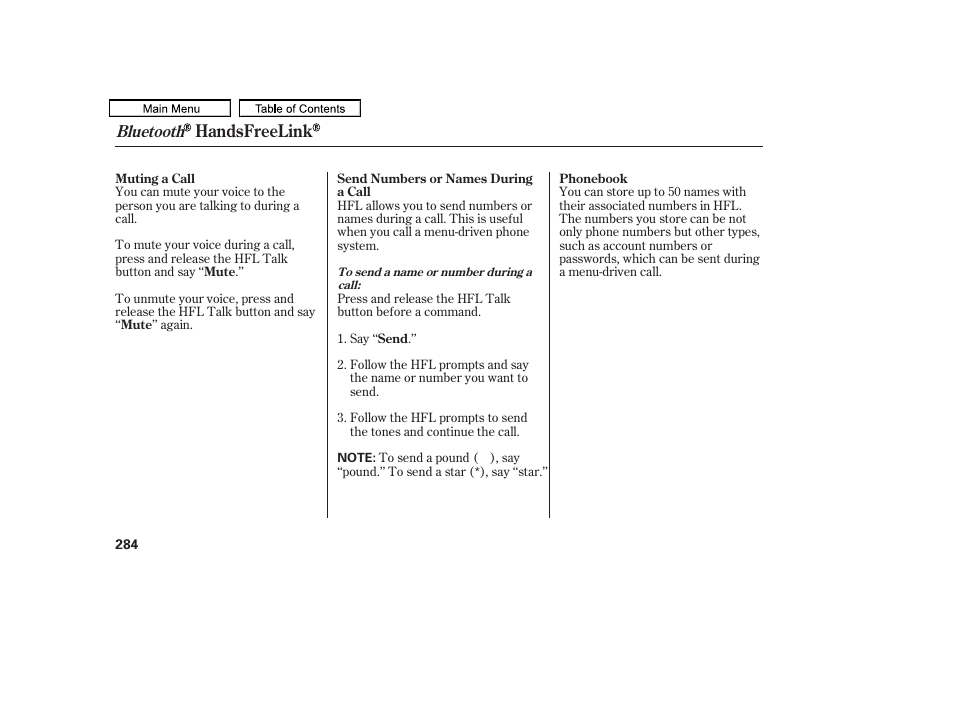 Handsfreelink, Bluetooth | HONDA 2011 Accord Sedan User Manual | Page 287 / 454