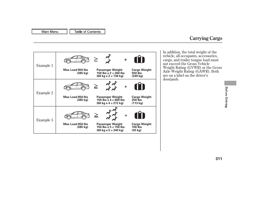 Carrying cargo, 2011 accord sedan | HONDA 2011 Accord Sedan User Manual | Page 314 / 454