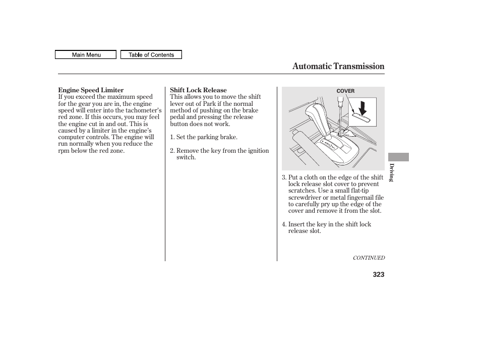 Automatic transmission | HONDA 2011 Accord Sedan User Manual | Page 326 / 454