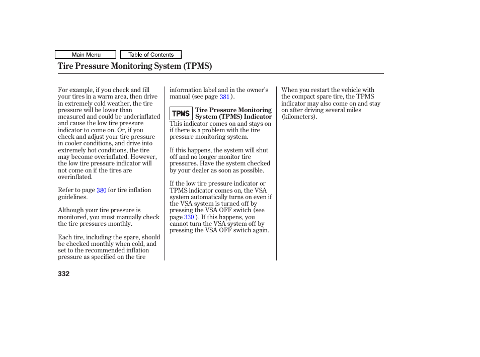 Tire pressure monitoring system (tpms) | HONDA 2011 Accord Sedan User Manual | Page 335 / 454