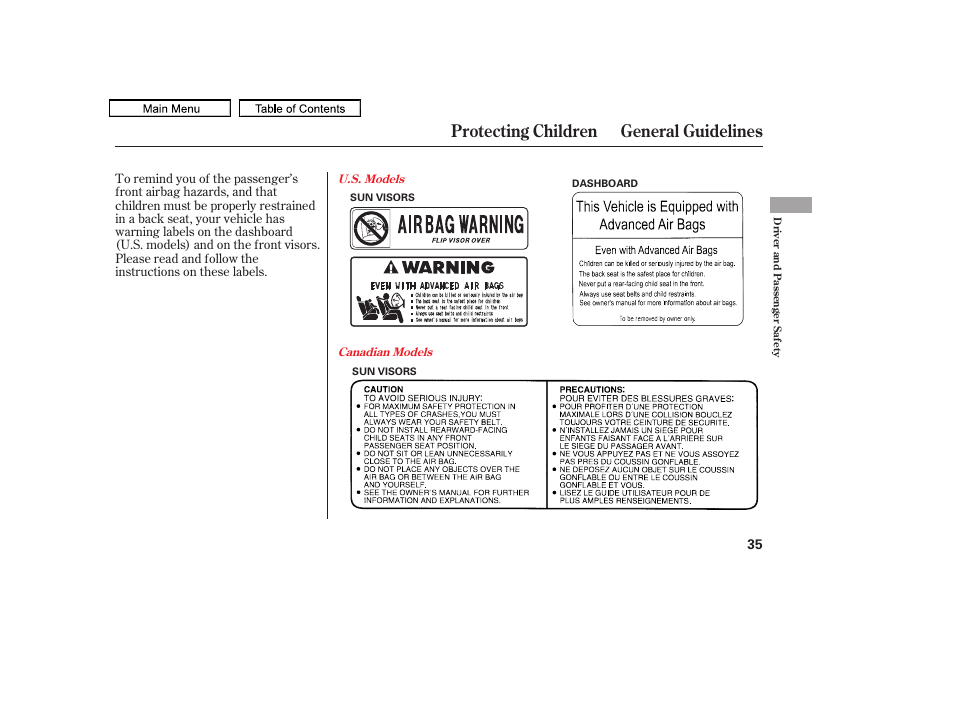 Protecting children general guidelines, 2011 accord sedan | HONDA 2011 Accord Sedan User Manual | Page 38 / 454