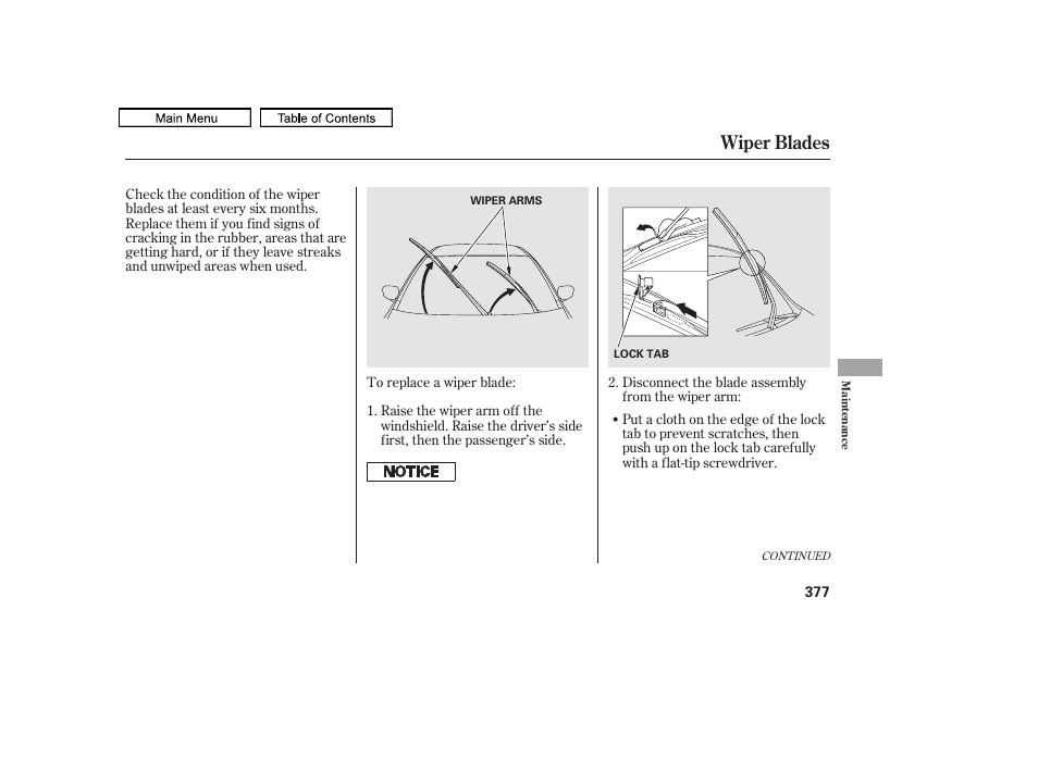 Wiper blades | HONDA 2011 Accord Sedan User Manual | Page 380 / 454